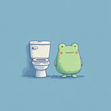 illustrated, simple colored penicil, pixar, simple, flat, fun colorful design for a theme. happy cartoon frog standing next to a toilet flushing, clean vector illustration, pixar style  pieces, leaves, plants rofile 97db4rg