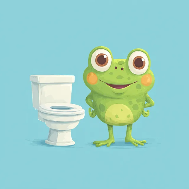 Happy Cartoon Frog Next to Flushing Toilet