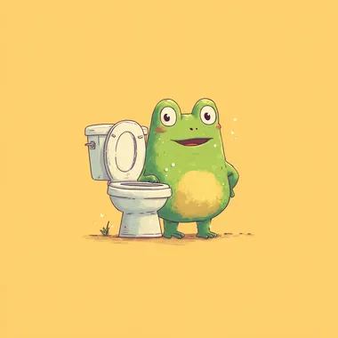 illustrated, simple colored penicil, pixar, simple, flat, fun colorful design for a theme. happy cartoon frog standing next to a toilet flushing, clean vector illustration, pixar style  pieces, leaves, plants rofile 97db4rg