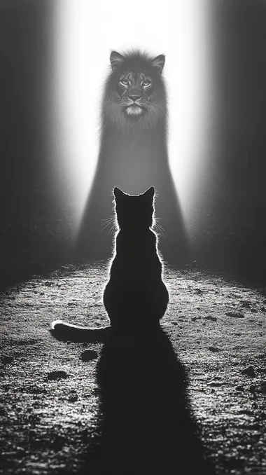 A black cat sits on the ground, facing away fromus and casting its shadow in front of it. Thesilhouette of a majestic lion is projected onto thewall by the light source behind the scene. Blackand white photography, soft lighting, high contrast, sharp focus, symmetrical compositionsimple background, portrait lens, static posture