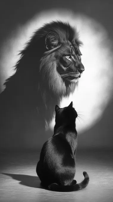 A black cat sits on the ground, facing away fromus and casting its shadow in front of it. Thesilhouette of a majestic lion is projected onto thewall by the light source behind the scene. Blackand white photography, soft lighting, high contrast, sharp focus, symmetrical compositionsimple background, portrait lens, static posture