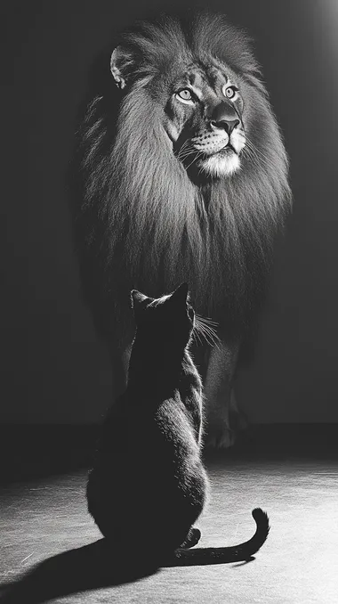 A black cat sits on the ground, facing away fromus and casting its shadow in front of it. Thesilhouette of a majestic lion is projected onto thewall by the light source behind the scene. Blackand white photography, soft lighting, high contrast, sharp focus, symmetrical compositionsimple background, portrait lens, static posture