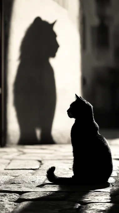 A black cat sits on the ground, facing away fromus and casting its shadow in front of it. Thesilhouette of a majestic lion is projected onto thewall by the light source behind the scene. Blackand white photography, soft lighting, high contrast, sharp focus, symmetrical compositionsimple background, portrait lens, static posture