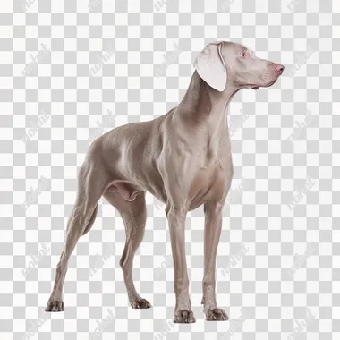 Orthographic 90-degree side view, Weimaraner standing vertically (spine perpendicular to ground), gravity-vertical alignment, stable four-point stance, full body, medical-grade pure white seamless background, studio cyclorama lighting, anatomically detailed silver-gray short coat, intense gaze parallel to ground, 8K technical imaging AKC breed standard stack pose, zero perspective distortion --s 50