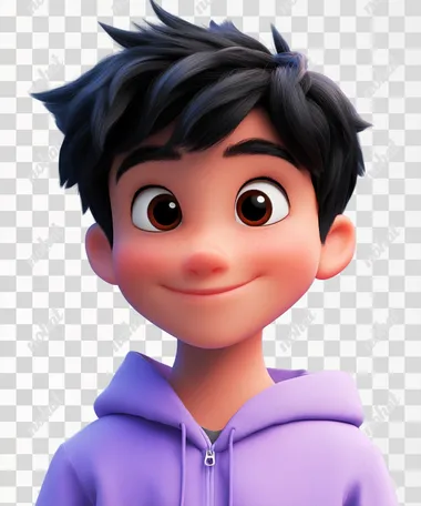 A cute boy avatar with black hair, wearing purple and smiling at the camera, in a 3D cartoon style, with a simple background and a close-up shot of his head in the style of Pixar Disney. He is a young man dressed in sportswear, smiling slightly. The overall color scheme should be bright and vibrant, with soft lighting and a solid blue gradient background. Use a simple background to highlight his face.