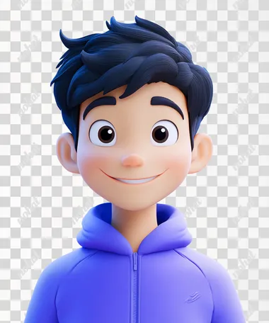 A cute boy avatar with black hair, wearing purple and smiling at the camera, in a 3D cartoon style, with a simple background and a close-up shot of his head in the style of Pixar Disney. He is a young man dressed in sportswear, smiling slightly. The overall color scheme should be bright and vibrant, with soft lighting and a solid blue gradient background. Use a simple background to highlight his face.