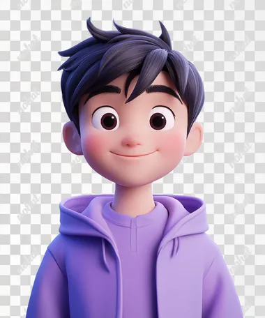A cute boy avatar with black hair, wearing purple and smiling at the camera, in a 3D cartoon style, with a simple background and a close-up shot of his head in the style of Pixar Disney. He is a young man dressed in sportswear, smiling slightly. The overall color scheme should be bright and vibrant, with soft lighting and a solid blue gradient background. Use a simple background to highlight his face.