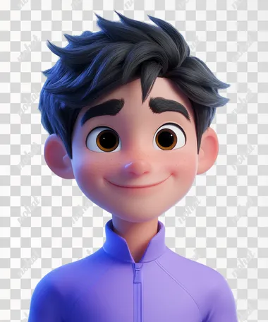 A cute boy avatar with black hair, wearing purple and smiling at the camera, in a 3D cartoon style, with a simple background and a close-up shot of his head in the style of Pixar Disney. He is a young man dressed in sportswear, smiling slightly. The overall color scheme should be bright and vibrant, with soft lighting and a solid blue gradient background. Use a simple background to highlight his face.