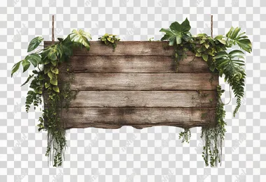 jungle themed sign, weathered wood background, hanging on 2 vines, white background