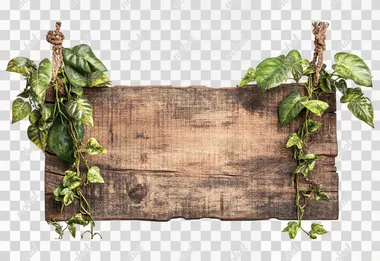 jungle themed sign, weathered wood background, hanging on 2 vines, white background