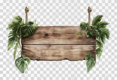 jungle themed sign, weathered wood background, hanging on 2 vines, white background