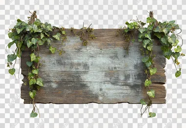 jungle themed sign, weathered wood background, hanging on 2 vines, white background