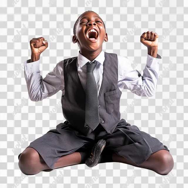 PNG Young African boy in school uniform striking heroic pose, full body shot