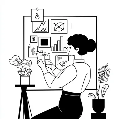 Central Person adding sticky notes to the canvas (representing different versions), with some notes showing small icons like datasets, model architectures, and settings. The person could be thoughtfully selecting which note to place next and where, suggesting experimentation and iteration. Simple minimalistic UX/UI illustration, monochrome