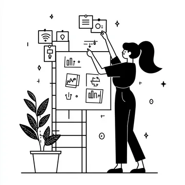 Central Person adding sticky notes to the canvas (representing different versions), with some notes showing small icons like datasets, model architectures, and settings. The person could be thoughtfully selecting which note to place next and where, suggesting experimentation and iteration. Simple minimalistic UX/UI illustration, monochrome