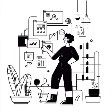 Central Person adding sticky notes to the canvas (representing different versions), with some notes showing small icons like datasets, model architectures, and settings. The person could be thoughtfully selecting which note to place next and where, suggesting experimentation and iteration. Simple minimalistic UX/UI illustration, monochrome