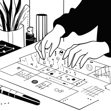 Central Person adding sticky notes to the canvas (representing different versions), with some notes showing small icons like datasets, model architectures, and settings. The person could be thoughtfully selecting which note to place next and where, suggesting experimentation and iteration. Simple minimalistic UX/UI illustration, monochrome