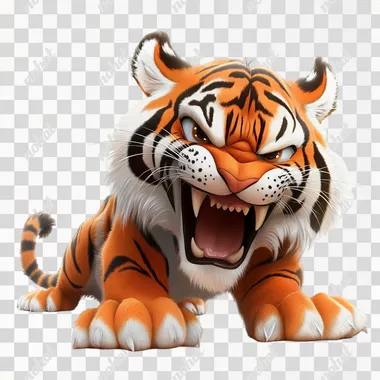 A cartoon tiger, it looks ill and ugly. white background, presenting a strong three-dimensional sense. The bright light is used to highlight its evil expression.