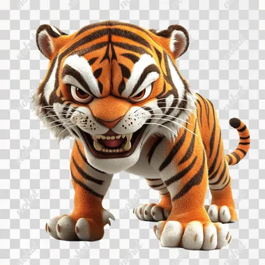 A cartoon tiger, it looks ill and ugly. white background, presenting a strong three-dimensional sense. The bright light is used to highlight its evil expression.