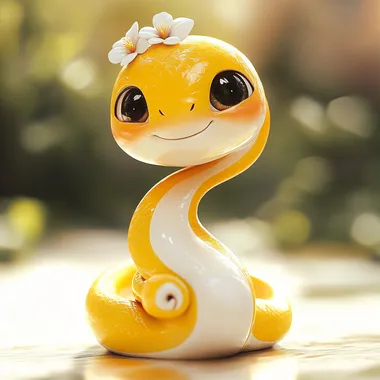 Chubby cute Q version of the little snake, Yellow and white, big eyes, smiling, wearing a small flower on the head, anthropomorphic shape, perfect body structure, light background, perfect delicate facial features