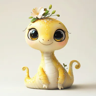 Chubby cute Q version of the little snake, Yellow and white, big eyes, smiling, wearing a small flower on the head, anthropomorphic shape, perfect body structure, light background, perfect delicate facial features