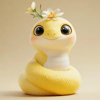 Chubby cute Q version of the little snake, Yellow and white, big eyes, smiling, wearing a small flower on the head, anthropomorphic shape, perfect body structure, light background, perfect delicate facial features