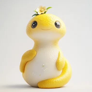 Chubby cute Q version of the little snake, Yellow and white, big eyes, smiling, wearing a small flower on the head, anthropomorphic shape, perfect body structure, light background, perfect delicate facial features