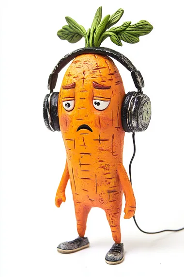 Anthropomorphic ugly sad carrot with headphones, redhead, , white background, HD