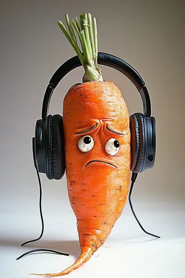 Anthropomorphic ugly sad carrot with headphones, redhead, , white background, HD