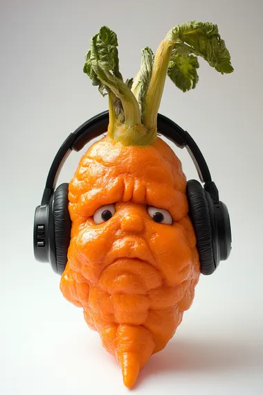 Anthropomorphic ugly sad carrot with headphones, redhead, , white background, HD