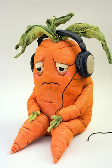 Anthropomorphic ugly sad carrot with headphones, redhead, , white background, HD