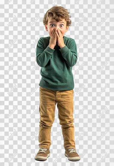 Real, a little boy 16 years old green top, terrified expression, hands over mouth, front, standing, full body, daytime, bright, pure white background,