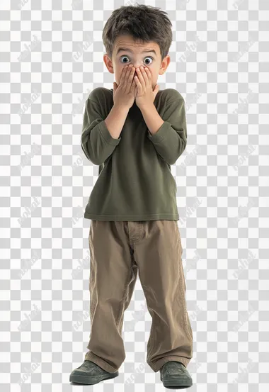 Real, a little boy 16 years old green top, terrified expression, hands over mouth, front, standing, full body, daytime, bright, pure white background,