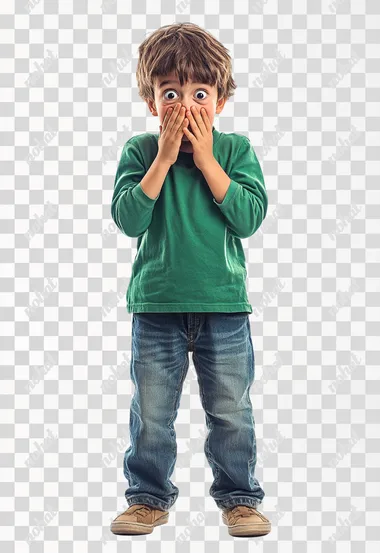 Real, a little boy 16 years old green top, terrified expression, hands over mouth, front, standing, full body, daytime, bright, pure white background,