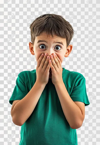 Real, a little boy 16 years old green top, terrified expression, hands over mouth, front, standing, full body, daytime, bright, pure white background,