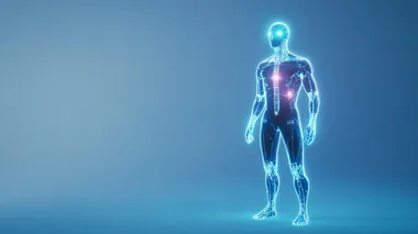 The Evolution of Human-Cyborg Integration: "Create a 3D illustration of a cyborg standing in front of a neutral blue-lit backdrop. The cyborg has a sleek, modern design with visible technological augmentations--such as mechanical limbs, glowing implants, and neural interfaces--blended seamlessly with human features. The lighting casts soft, neutral hues across the cyborgs metallic components and skin, highlighting the seamless fusion of organic and artificial elements. Explore the concept of human augmentation in a futuristic society. How does the cyborgs enhanced capabilities, such as superior strength, advanced computing, or augmented senses, impact its role in society? What ethical dilemmas arise in the merging of human consciousness with cybernetic enhancements   7iez5ol