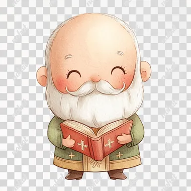 watercolor cartoon illustration of Saint Nicholas of Myra. he has a white, full beard and balding head. he is holding a book of the scriptures in one hand. he is doing the sign of the cross with the other hand. in the chibi style, digital art, simple design, cute eyes, full-body portrait, she is smiling with her mouth closed, texture, cartoon sticker, digital drawing, cute style, chibi, plain white background