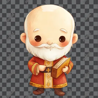 watercolor cartoon illustration of Saint Nicholas of Myra. he has a white, full beard and balding head. he is holding a book of the scriptures in one hand. he is doing the sign of the cross with the other hand. in the chibi style, digital art, simple design, cute eyes, full-body portrait, she is smiling with her mouth closed, texture, cartoon sticker, digital drawing, cute style, chibi, plain white background