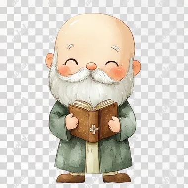 watercolor cartoon illustration of Saint Nicholas of Myra. he has a white, full beard and balding head. he is holding a book of the scriptures in one hand. he is doing the sign of the cross with the other hand. in the chibi style, digital art, simple design, cute eyes, full-body portrait, she is smiling with her mouth closed, texture, cartoon sticker, digital drawing, cute style, chibi, plain white background