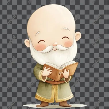 watercolor cartoon illustration of Saint Nicholas of Myra. he has a white, full beard and balding head. he is holding a book of the scriptures in one hand. he is doing the sign of the cross with the other hand. in the chibi style, digital art, simple design, cute eyes, full-body portrait, she is smiling with her mouth closed, texture, cartoon sticker, digital drawing, cute style, chibi, plain white background