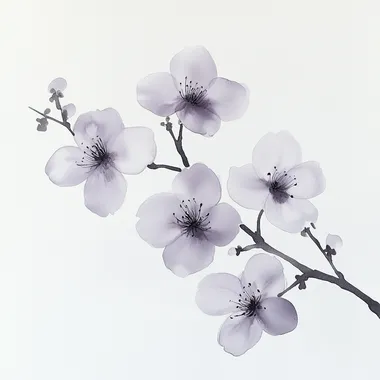some abstract small delicate cherry blossom flowers in light purple ink wash on a branch, in the style of SallieOArt, in the style of soft ink wash sumi-e traditional painting, broad brushwork, minimal composition, minimal details, low details, The artwork should emphasize the flowers using subtle brushstrokes and gradations of ink wash. The branch should be depicted with very subtle light soft ink wash brushwork in ombre ink wash with soft gradiation with very minimal details, embodying the simplicity and elegance of classic sumi-e. modern minimalist style but with traditional brushwork, The overall tone should be minimalist, with a focus on contrast between dark ink and white space, evoking a sense of tranquility and natural beauty. color palette in white, black, grey light ink wash and light purple, isolated on clean white background,  --s 250