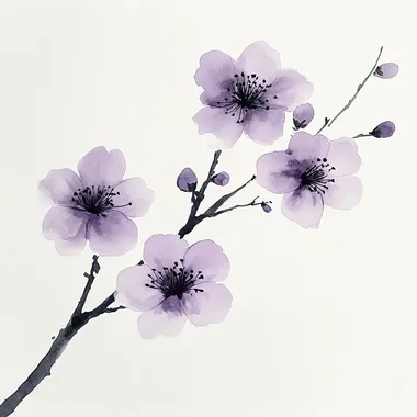 some abstract small delicate cherry blossom flowers in light purple ink wash on a branch, in the style of SallieOArt, in the style of soft ink wash sumi-e traditional painting, broad brushwork, minimal composition, minimal details, low details, The artwork should emphasize the flowers using subtle brushstrokes and gradations of ink wash. The branch should be depicted with very subtle light soft ink wash brushwork in ombre ink wash with soft gradiation with very minimal details, embodying the simplicity and elegance of classic sumi-e. modern minimalist style but with traditional brushwork, The overall tone should be minimalist, with a focus on contrast between dark ink and white space, evoking a sense of tranquility and natural beauty. color palette in white, black, grey light ink wash and light purple, isolated on clean white background,  --s 250