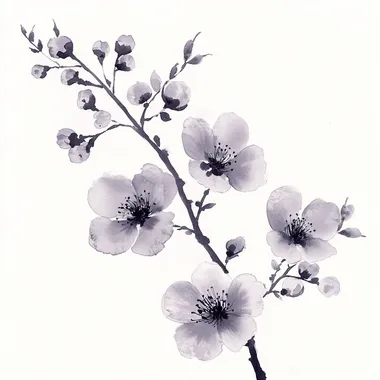 some abstract small delicate cherry blossom flowers in light purple ink wash on a branch, in the style of SallieOArt, in the style of soft ink wash sumi-e traditional painting, broad brushwork, minimal composition, minimal details, low details, The artwork should emphasize the flowers using subtle brushstrokes and gradations of ink wash. The branch should be depicted with very subtle light soft ink wash brushwork in ombre ink wash with soft gradiation with very minimal details, embodying the simplicity and elegance of classic sumi-e. modern minimalist style but with traditional brushwork, The overall tone should be minimalist, with a focus on contrast between dark ink and white space, evoking a sense of tranquility and natural beauty. color palette in white, black, grey light ink wash and light purple, isolated on clean white background,  --s 250