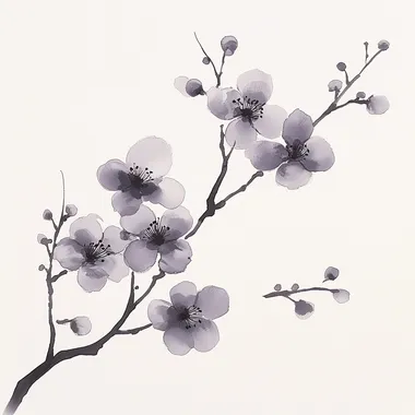 some abstract small delicate cherry blossom flowers in light purple ink wash on a branch, in the style of SallieOArt, in the style of soft ink wash sumi-e traditional painting, broad brushwork, minimal composition, minimal details, low details, The artwork should emphasize the flowers using subtle brushstrokes and gradations of ink wash. The branch should be depicted with very subtle light soft ink wash brushwork in ombre ink wash with soft gradiation with very minimal details, embodying the simplicity and elegance of classic sumi-e. modern minimalist style but with traditional brushwork, The overall tone should be minimalist, with a focus on contrast between dark ink and white space, evoking a sense of tranquility and natural beauty. color palette in white, black, grey light ink wash and light purple, isolated on clean white background,  --s 250