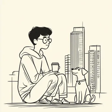 Simple line drawing of a cityboy,dog,Coffee time