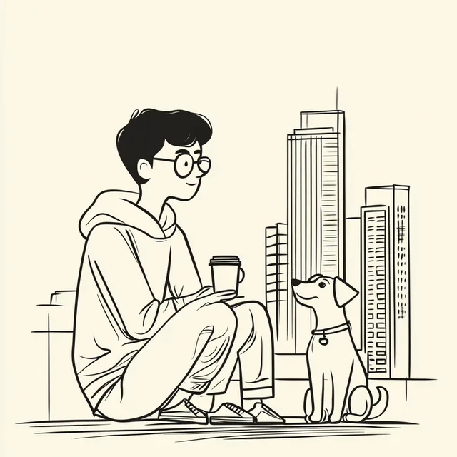 City Boy Enjoying Coffee with His Dog