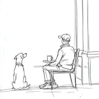 Simple line drawing of a cityboy,dog,Coffee time