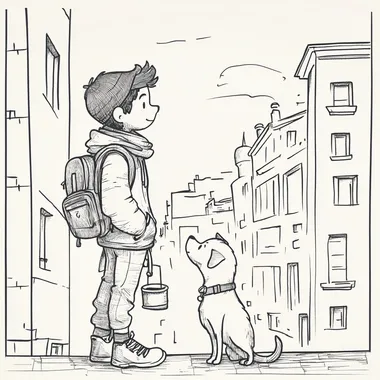 Simple line drawing of a cityboy,dog,Coffee time