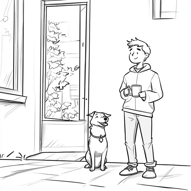 City Boy Enjoying Coffee Time with Dog