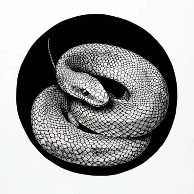 coiled up Mamba snake "8" flat mamba snake illustration, linework, black and white